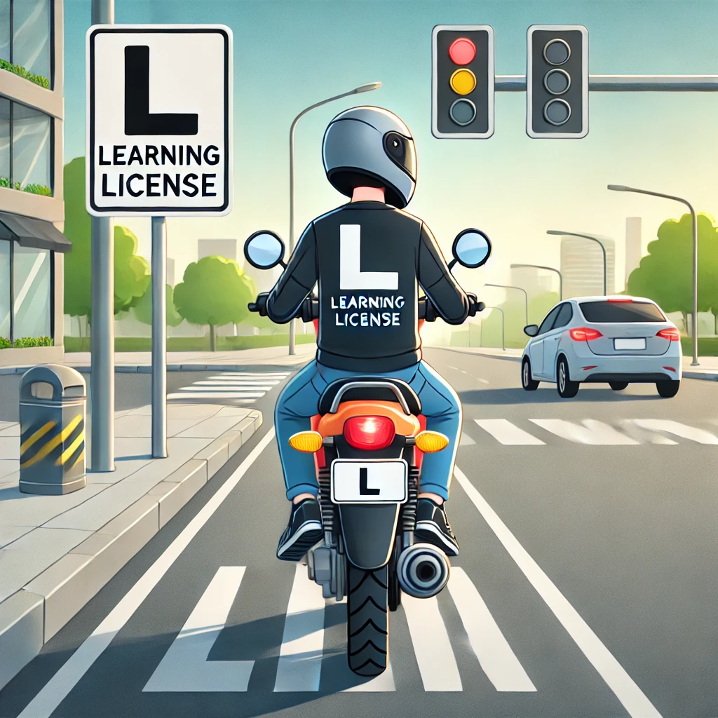 A young rider on a motorbike with a visible 'L' learning license sign on both the front and back of the bike, riding on a calm urban street with light