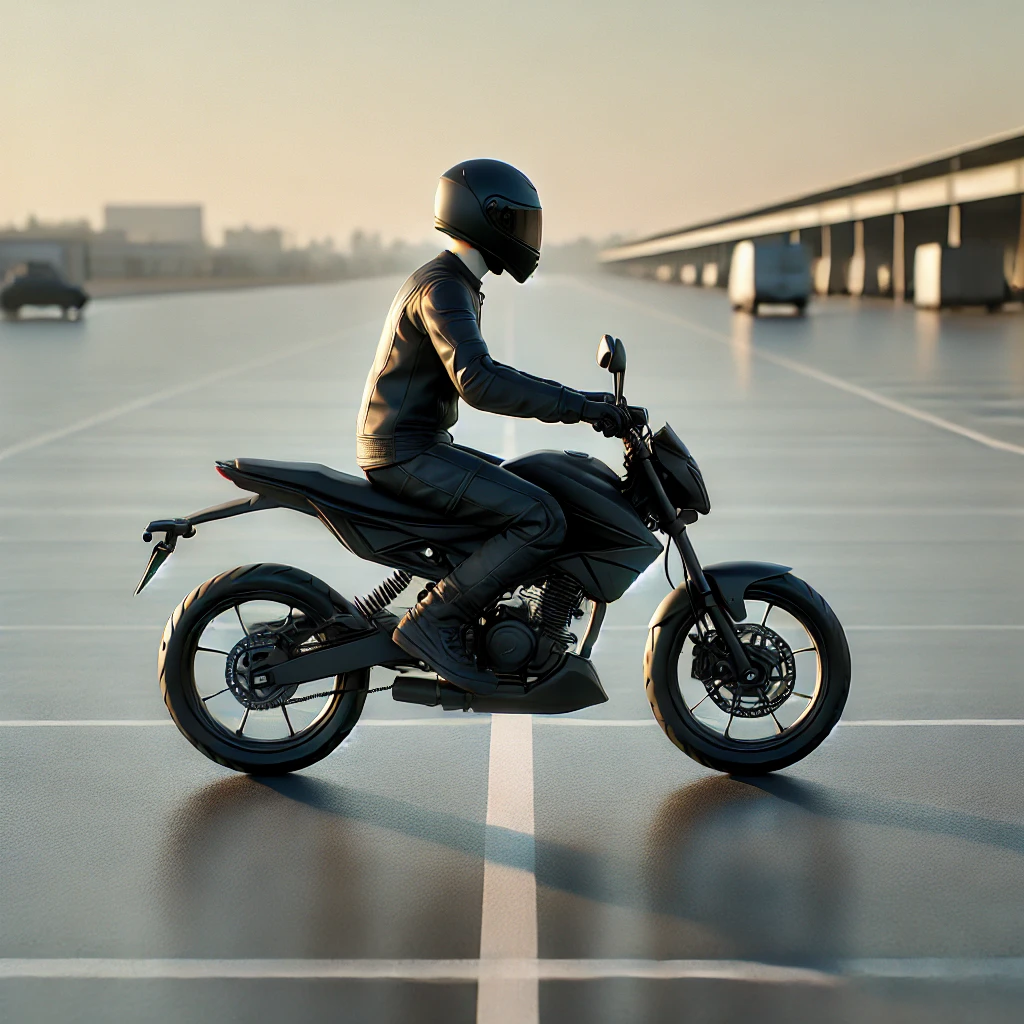 A digital painting of a rider sitting on a motorbike in a relaxed, upright position in a flat, open area, such as an empty parking lot or a quiet stre